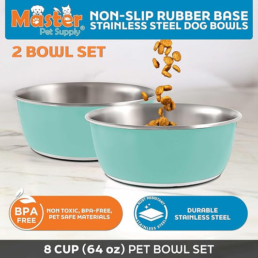 Master Pet Supply Stainless Steel Dog Bowls Set of 2 (64 Oz Each) with Non-Slip Rubber Base - Aqua Sky - Basic Dog Food Bowl Water & Food Bowls for Small Medium Large Dogs & Cats, Metal Dish