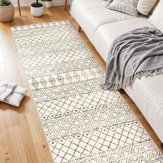 2'6"x8' Washable Hallway Runner Rug - Moroccan Kitchen Non Slip Rug Low Pile Floor Carpet with Rubber Backing Vintage Indoor Mats for Living Room Bedroom Laundry 2'6"x8' Geo Beige