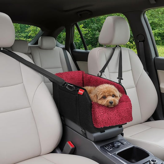 BurgeonNest Center Console Small Dog Car Seat - Portable Pet Cat Puppy Booster Armrest Carseat Up to 11lbs, Anti-Collapse Comfort Car Travel with Washable Fluffy Cushion and Pillow, Red