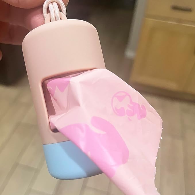 Dog Poop Bag Holder [2-Pack] | With 30 Extra-thick Dog Bags for Poop | Waste Bag Dispenser with Premium Soft-Touch Coating | Enlarged Dispense Opening, Stylish Color-Block Design (Blush Sky)
