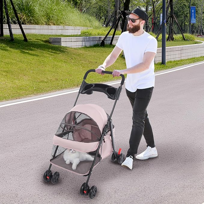 Pet Stroller for Small Medium Dogs Cats, Lightweight Foldable Pet Wagon with 360° Front Wheels & Brake, 40 lbs Capacity Carrier for Park Travel Shopping, Breathable Mesh Basket (Pale Pinkish Grey)