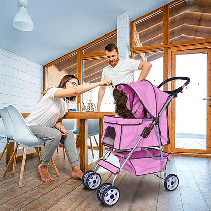 4 Wheels Dog Stroller, Foldable Pet Stroller for Small Medium Dogs, Portable Breathable Cat Stroller Dog Strollers with Storage Basket, Cup Holders, Removable Liner for Travel & Outdoor Use, Pink