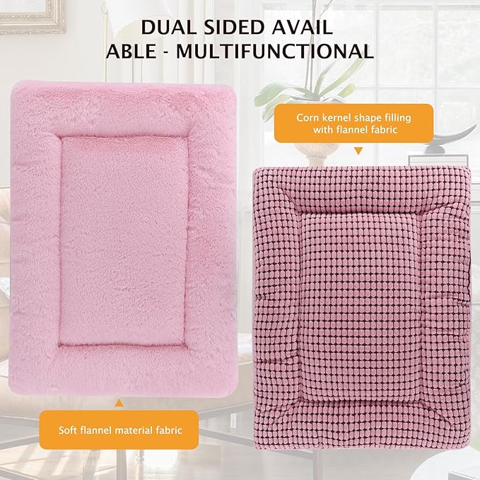 Reversible Dog Bed Mat with Plush and Corn Velvet,Soft Warm Pet Cushion, Dual Purpose Washable Sleeping Mattress Bed for Small Medium Large Dog and Cat XB004 (36"x23", Pink)
