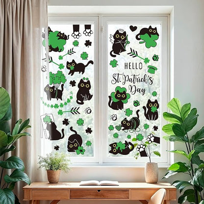 Whaline St. Patrick's Day Window Clings Double Sided Green Shamrock Black Cat Clover Window Decal Stickers for Glass Irish Holiday Home Classroom Office Party Decor, 7 Sheets