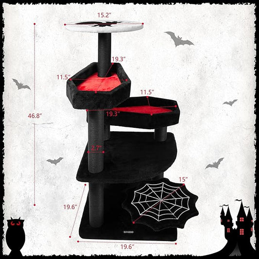 KAMABOKO Gothic Cat Tree, 46.9in Black Cat Tower with Coffin Bed, Cat Condo with Sisal Scratching Posts, Scratching Ramp and Comfort Basket for Indoor Cats