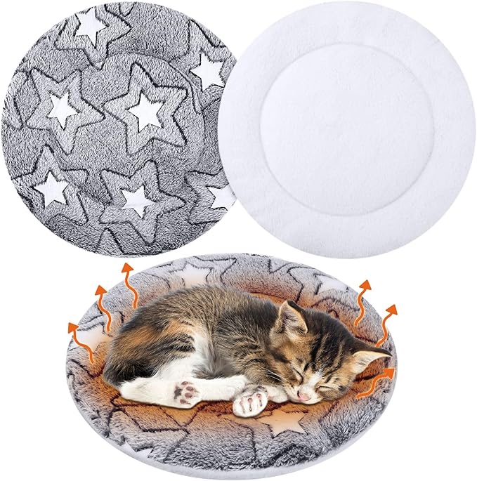 VitalCozy 2 Pack Self Heating Cat Pad Self Heating Cat Bed Machine Washable Heat Pet Mat Reversible Body Thermal Warm Round Dog Bed Crate Blanket for Feral and Indoor Cats(12'',Double Star)