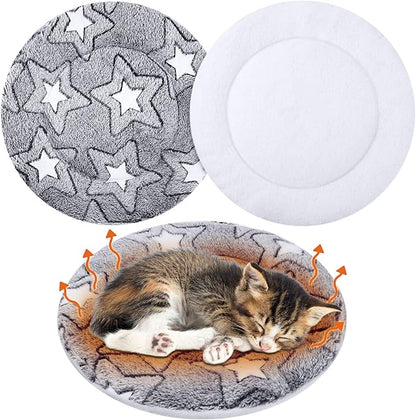 VitalCozy 2 Pack Self Heating Cat Pad Self Heating Cat Bed Machine Washable Heat Pet Mat Reversible Body Thermal Warm Round Dog Bed Crate Blanket for Feral and Indoor Cats(12'',Double Star)