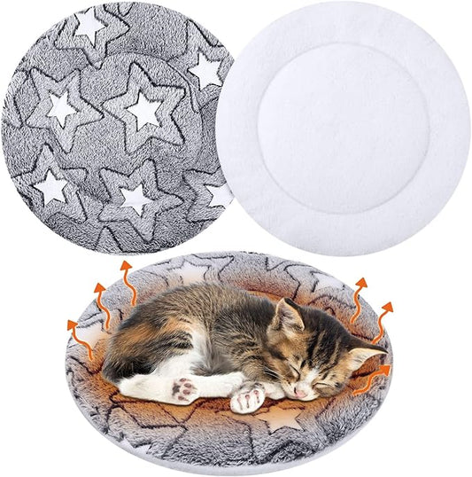 VitalCozy 2 Pack Self Heating Cat Pad Self Heating Cat Bed Machine Washable Heat Pet Mat Reversible Body Thermal Warm Round Dog Bed Crate Blanket for Feral and Indoor Cats(12'',Double Star)