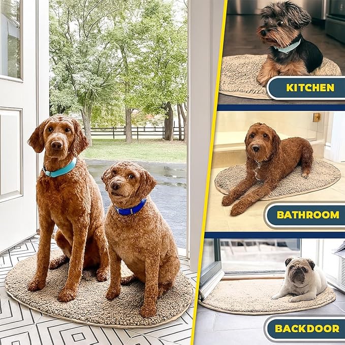 Muddy Mat® Shown on TV – Super Absorbent Microfiber Dog Door Mat for Muddy Paws, Non-Slip Washable Pet Rug, Quick Dry Chenille Entryway Carpet,Machine Washable Indoor Outdoor Mat, Beige Oval 6ft x 9ft