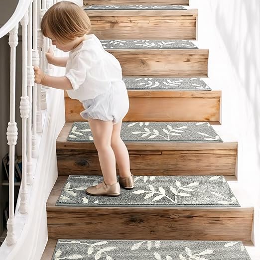 Carpet Stair Treads, Non-Slip Stair Treads for Wooden Steps Indoor, 30”x8” Stair Runner for Pets Non Skid Wood Staircase Step Treads Reusable, Set of 15, Grey