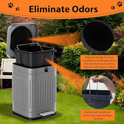 Dog Poop Trash Can Outside, 5L/1.3Gal Metal Dog Waste Trash Can with Lid, Foot Pedal, Pet Waste Container with 40 Bags, Poop Bucket with Lid Soft Close for Pet, Grey