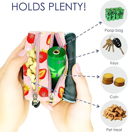 Dog Treat and Poop Bag Holder for Leash, 2 Waterproof Zipper Pouches for Pet Walking Accessories, with Dispenser, Training Clicker and 1 Free Roll (Strawberry)