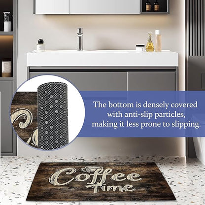 Door Mat, Retro Coffee Time Rugs for Front Door,Non-Slip Rustic Wood Board Low Profile Indoor Outdoor Welcome Mat for Entry Patio, Porch, Hallways,Kitchen 30 x 17 Inch