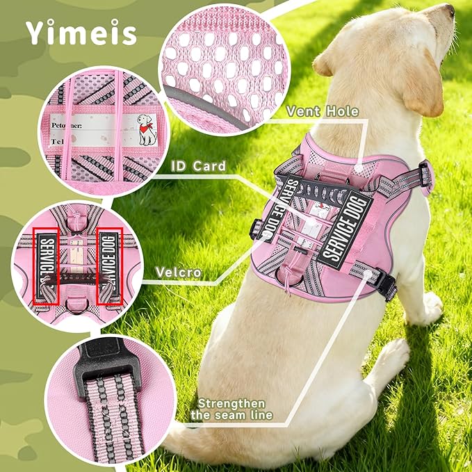 Service Dog Tactical Vest Harness and Leash Set Medium Sized Dog Emotional Support- Tactical Dog Harness Training Collar with Name (Pink, L)