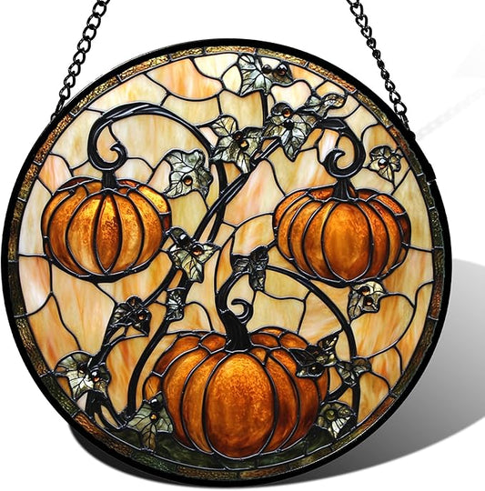 Stained Glass Window Hanging - Halloween Decoration Orange Pumpkin Vine Leaves Suncatcher for Door Garden Spooky Sun Catchers Gothic Decor Horror Gifts for Women Men Friend Boy Girl 9.8 in