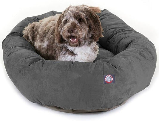 Majestic Pet 52 Inch Suede Calming Dog Bed Washable – Cozy Soft Round Dog Bed with Spine Support for Dogs to Rest Their Head - Fluffy Donut Dog Bed 52x35x11 (Inch) - Round Pet Bed X- Large – Gray