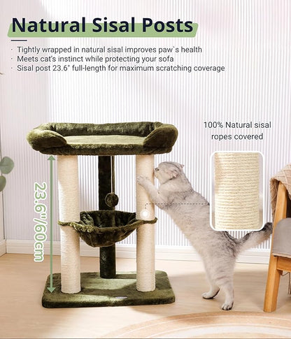 Happi N Pets 28" Cat Tree Tower, Tall Cat Scratching Post with Soft Perch for Window Viewing, Large Bed for Big Cats, Stable & Compact Cat Tower with Hammock, Removable Cover-Green