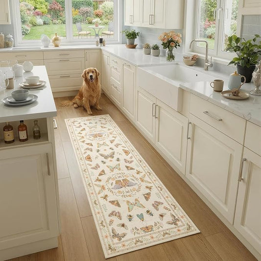 Unirea 2x6 Cream Runner Rug, Washable Non Slip Insect Botanical Rug for Hallway, Kitchen, Bathroom, Laundry Room, Entryway, Bedroom, Soft Boho Door Mat Indoor Entrance Bug Rugs, Low Pile Carpet