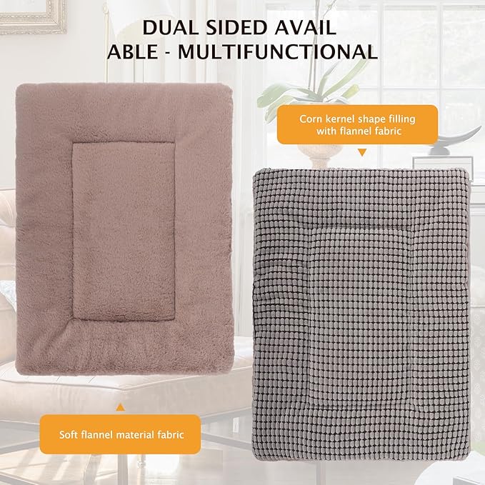 Reversible Dog Bed Mat with Plush and Corn Velvet,Soft Warm Pet Cushion, Dual Purpose Washable Sleeping Mattress Bed for Small Medium Large Dog and Cat XB004 (24"x18", Khaki)