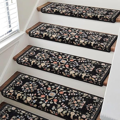 RORA Bullnose Carpet Stair Treads Non-Slip Stair Treads for Wooden Steps,Washable Stair Carpet,Floral Stair Rugs,Runner Indoor Stair Mats for Pets Elder,2pcs,29.5 ''x9.5 ”x1.5 '',Black
