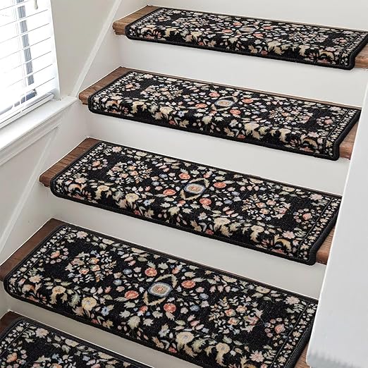 RORA Bullnose Carpet Stair Treads Non-Slip Stair Treads for Wooden Steps,Washable Stair Carpet,Floral Stair Rugs,Runner Indoor Stair Mats for Pets Elder,2pcs,29.5 ''x9.5 ”x1.5 '',Black