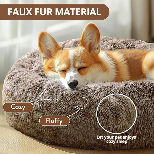 JOLLYVOGUE Calming Dog Beds Large Sized Dog, 36in Donut Washable Large Pet Bed, Anti-Slip & Anti-Anxiety Fluffy Faux Fur Round Dogs Bed, Fits up to 80 lbs Pets (Smoke Brown)