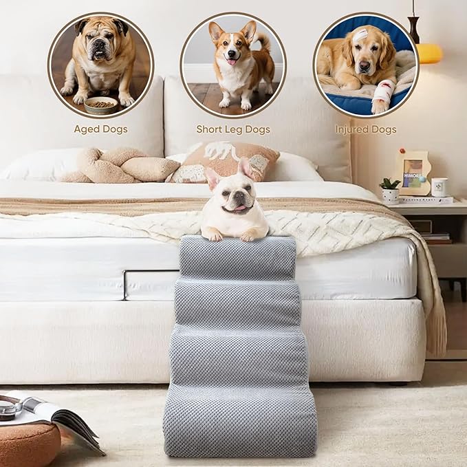 PAWSCART Pet Stairs for Dogs 5-Step, 22.8" H Pet Stairs for High Bed, Couch Sofa & Chair, 30D Material Soft Foam Dog Steps with Non-Slip Bottom Surface Removable Washable Cover, LightGrey