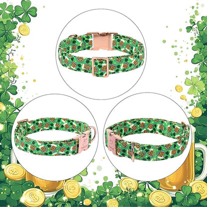 St. Patrick's Day Dog Collar, Beer & Clover Green Dog Collars, Adjustable Heavy Duty Irish Shamrock Pet Collar for Small Medium Large Dogs with Metal Buckle M