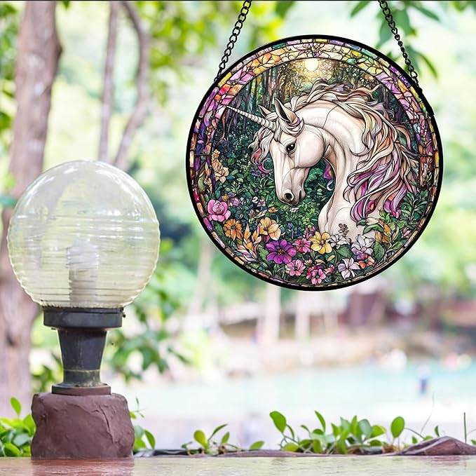Stained Glass Window Hanging, Unicorn Flowers Suncatcher for Doors Home Sun Catchers Decoration and Christmas, Mother's Day Birthday Gifts for Women, Men, and Mom 11.8x11.8 in