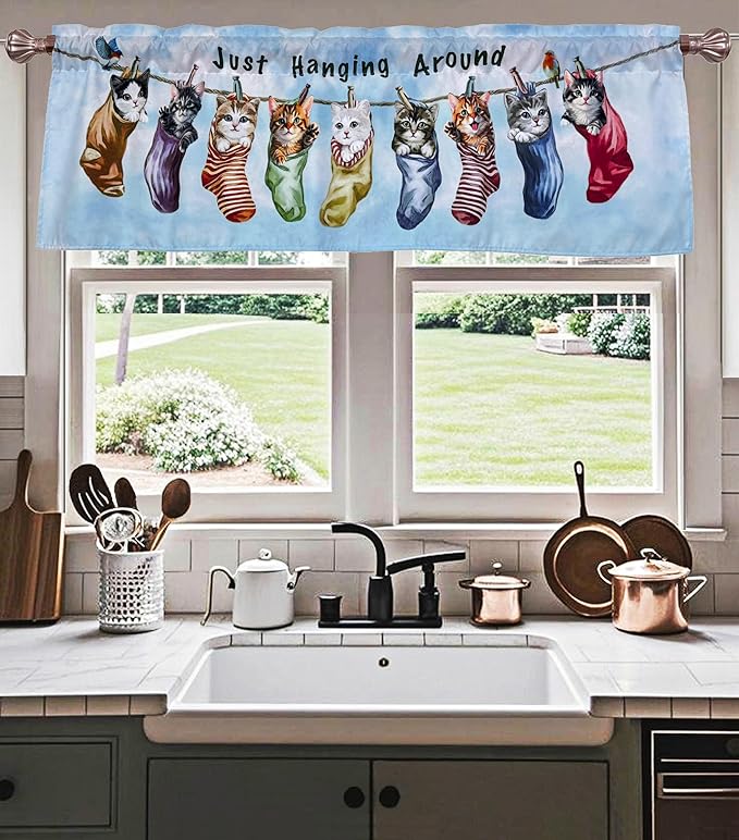 Just Hanging Around Kitties Cats Window Curtain Valance for Decorative Privacy Rod Pocket 52 X 16 Inches