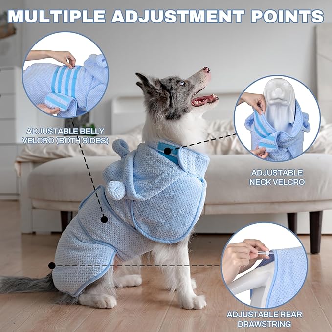 Dog Bathrobe Towel Wrap, Hooded Double Layer Super Absorbent Dog Drying Coat, Adjustable Warm Bath Robe for Cold Weather, Beach, Pool, Fast Drying Towels for Large Medium Dogs,Blue,L