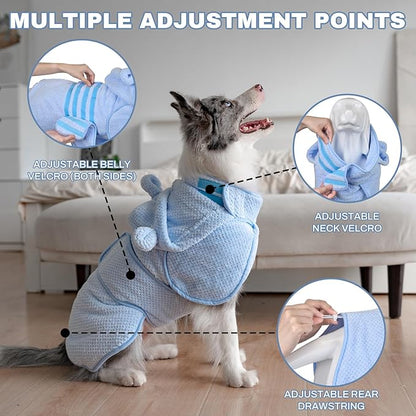 Dog Bathrobe Towel Wrap, Hooded Double Layer Super Absorbent Dog Drying Coat, Adjustable Warm Bath Robe for Cold Weather, Beach, Pool, Fast Drying Towels for Large Medium Dogs,Blue,L