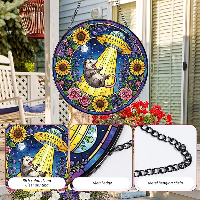 Funny Stained Glass Window Hanging, 8 Inch Opossum Sun Catcher Gift for Housewarming, Decorative Suncatchers Gifts for Wall Art Landscape Hanging Home Decor