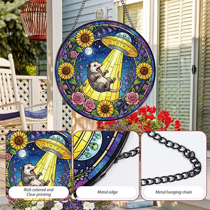 Funny Stained Glass Window Hanging, 8 Inch Opossum Sun Catcher Gift for Housewarming, Decorative Suncatchers Gifts for Wall Art Landscape Hanging Home Decor