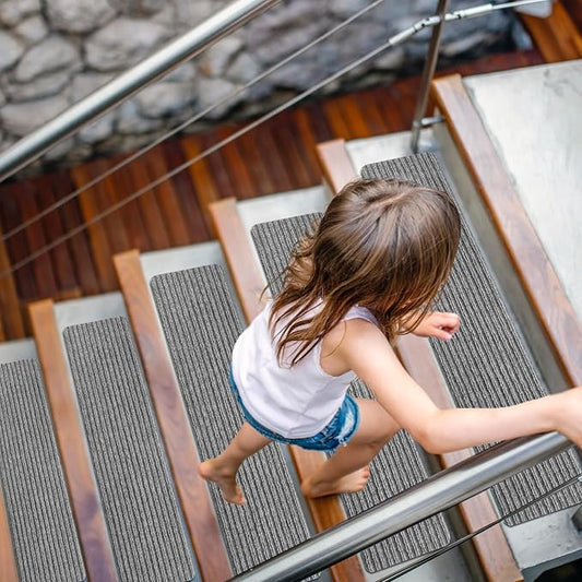 Stair Treads for Wooden Steps - Non Slip Stairs Carpet Tape Peel and Stick with Double Adhesive Tape Set of 15 Stripe- Light Grey