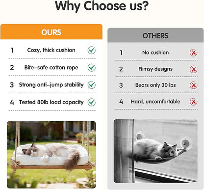 Cat Window Perch, Rustic Cat Hammock Bed with Solid Wood Seat 4 Heavy Duty Suction Cups, Plush Cushion, Indoor Pet Window Hammock for Cats for Large Cats