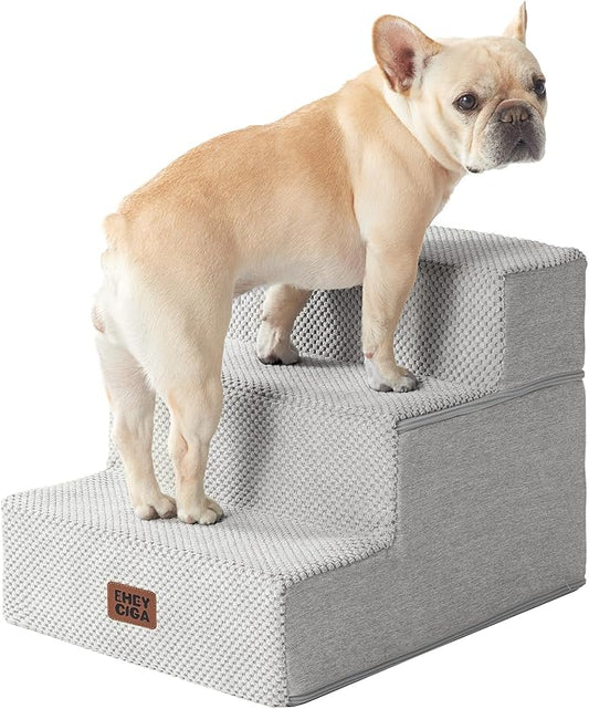 EHEYCIGA Dog Stairs for Small Dogs 13.5" H, 3-Step Dog Steps for Couch Sofa and Chair, Pet Steps for Medium Cats, Non-Slip Balanced Pet Ramp Indoor, Light Grey