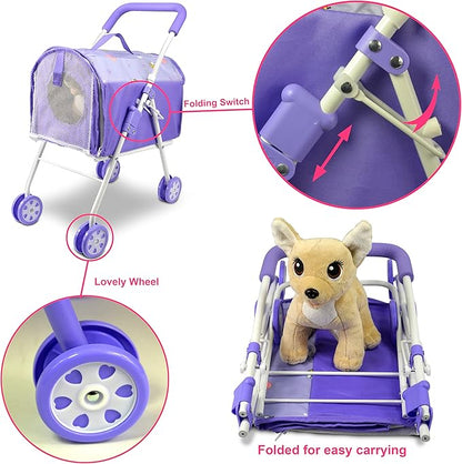 ANIVIA Pet Stroller and Accessories for Kids Ages 3 to 7 Year Olds, Dog Toy for Toddlers, 2 Pieces Play Dog Set, Puppy Party Playset with 1 Pet Puppy Included Purple