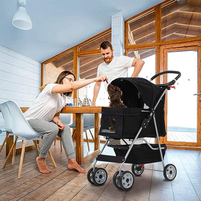 4 Wheels Dog Stroller, Foldable Pet Stroller for Small Medium Dogs, Portable Breathable Cat Stroller Dog Strollers with Storage Basket, Cup Holders, Removable Liner for Travel & Outdoor Use, Black
