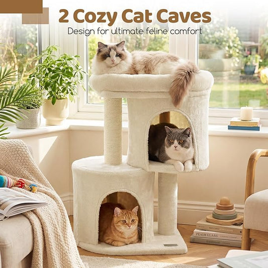 DORTALA Cat Tree for Indoor Cats, 26-Inch Cat Tower with 2 Cozy Condos, Sisal Scratching Post, Plush Top Perch, Modern Kittens Activity Play Center (Beige)