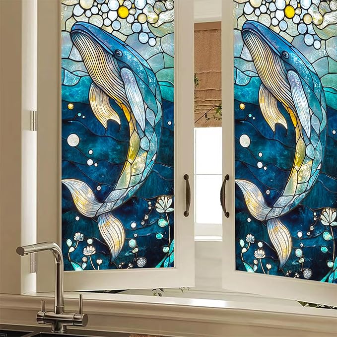 Ocean Whale Mosaic Window Film 18 x 39 Inch Stained Glass Window Cling PVC Privacy Wall Panel Glass Art Underwater Background Indoor Seasonal Backdrop Home Decor