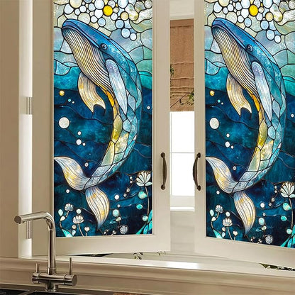 Ocean Whale Mosaic Window Film 18 x 39 Inch Stained Glass Window Cling PVC Privacy Wall Panel Glass Art Underwater Background Indoor Seasonal Backdrop Home Decor