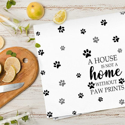 White Paw Farmhouse Kitchen Towels Decor Gifts for Women Pet Lovers, A House is Not A Home Without Paw Prints Decorative Bathroom Towels, Funny Dish Hand Towels for Kitchen Drying 16x24 Inch