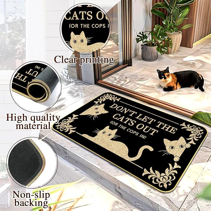 Funny Cat Welcome Mat “Don’t Let The Cats Out or The Cops in” Doormat, 29"x17" Non-Slip Indoor Outdoor Rug for Front Porch or Entryway, Cat Lover Gift