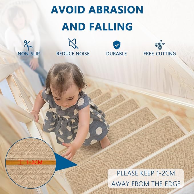 Stair Treads for Wooden Steps Indoor, 15 Pack 8" X 30" Non Slip Carpet Stair Treads with Reusable Adhesive for Kids Elders and Dogs, Surface Polyester TPR Backing Stair Rugs