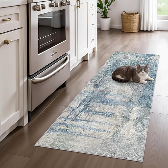 Modern Abstract Runner Rug 2x5: Washable Non-Slip Hallway Runner for Entryway, Kitchen - Soft Low-Pile Carpet with Rubber Backing, Throw Rugs for High Traffic Areas 2x5 Blue