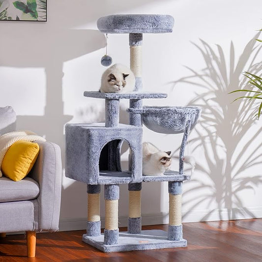 Heybly Cat Tree with Toy, Cat Tower Condo for Indoor Cats, Cat House with Padded Plush Perch, Cozy Hammock and Sisal Scratching Posts, Pewter HCT004PE