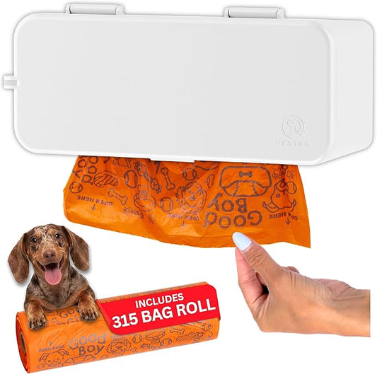 Large Roll Dog Poop Bag Dispenser - Outdoor or Indoor Pet Waste Bag Dispenser Station - Stick-On or Screw-On Wall Mount - Poop Bags Storage Outdoor Container - Includes 315 Bag Large Roll (White)
