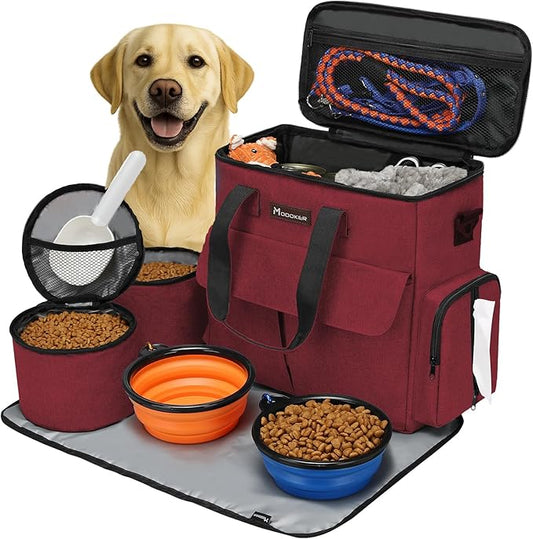 Airline Approved Pet Travel Bag, Weekend Travel Set for Dog and Cat, Airline Approved Tote Organizer with Multi-Function Pockets, 2 Dog Food Storage Containers, 2 Collapsible Bowls (Rose Red)