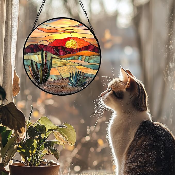 Stained Glass Window Hanging, Desert Scenery Lake Suncatcher for Doors Window Home Tan Tree Sun Catchers Decoration Mother's Day Birthday Gifts for Women, Men, and Mom 6.3 in